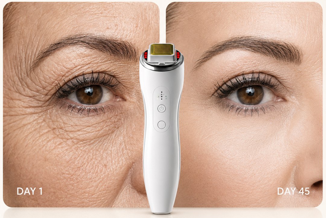 Eye area at Day 1 beside Day 45, showing smoother-looking skin with a reduced look of fine lines