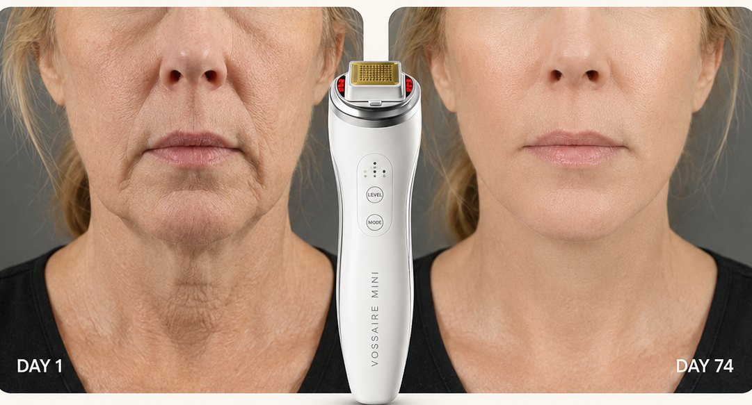 Lower face and jawline at Day 1 beside Day 74, showing visibly firmer, smoother-looking skin