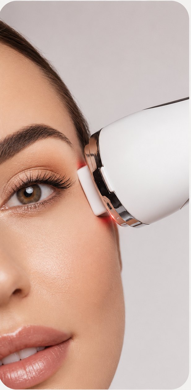 The Vossaire Mini resting against the cheekbone near the eye area during a session