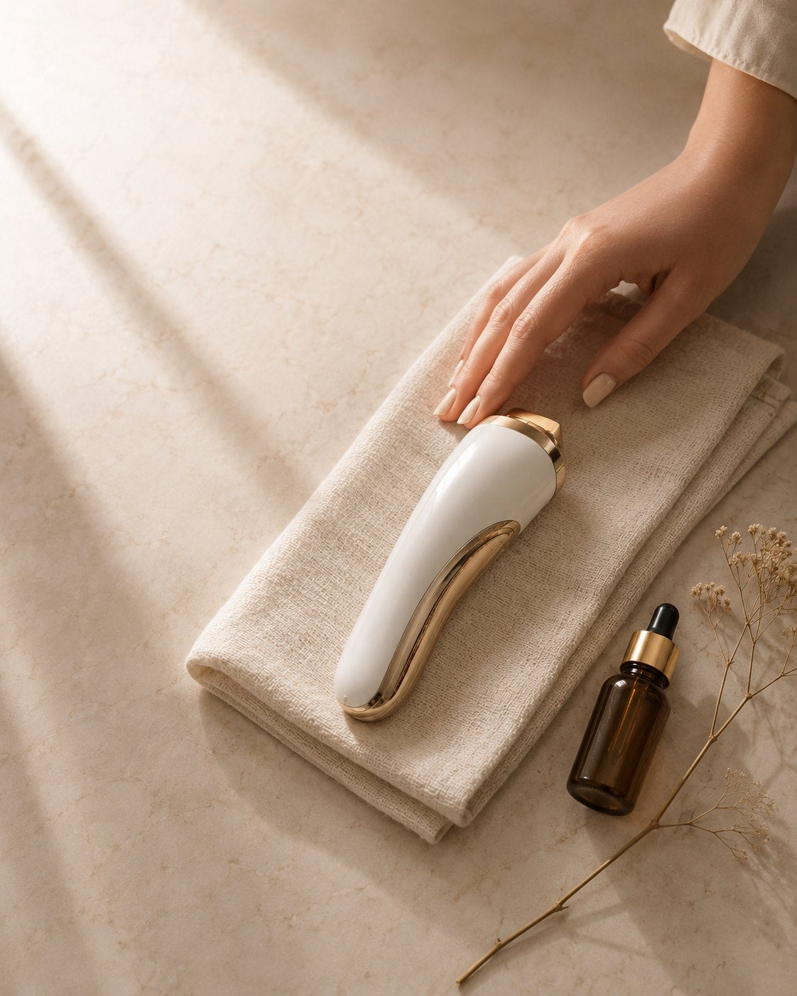 A hand resting on the Vossaire Mini atop a folded linen towel, beside a small bottle of conductive gel