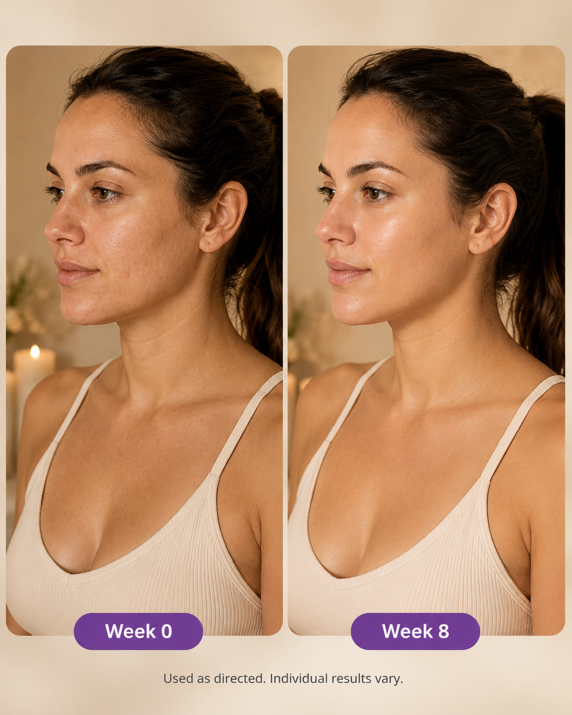 The same customer at week 0 and week 8 of her facial ritual, showing a more refreshed, even, glowing-looking complexion.