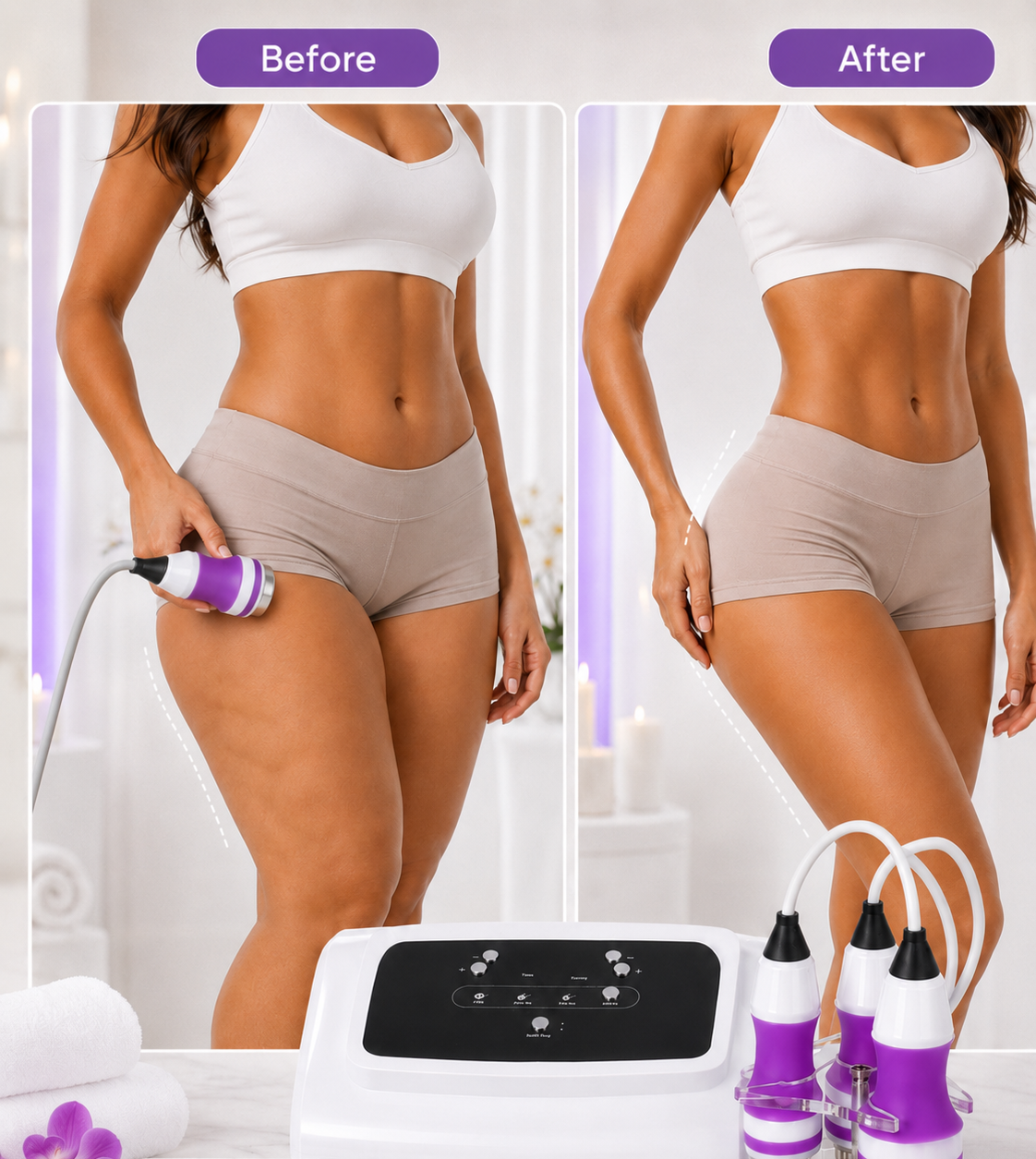 Before and after of a customer’s body ritual using the Vossaire device, shown beside the device and applicators.