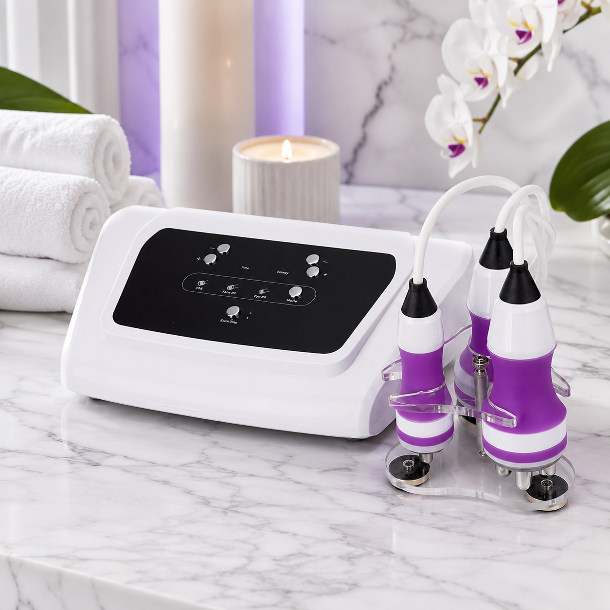 The Vossaire device with its three ritual applicators styled on a marble vanity with candle and orchid.
